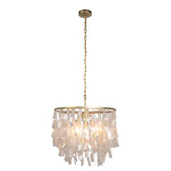 Storied Home Marina Round Metal and Natural Capiz Chandelier Style Pendant Ceiling Light Natural and Gold