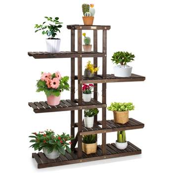 Tangkula 6-Tier Wood Plant Stand Vertical Flower Display Rack W/ Carbonized Fir Wood Space-Saving Organizer Shelf W/ 12 Placing Spots
