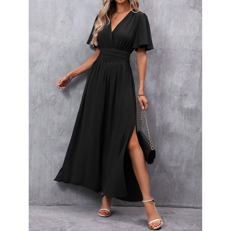 YESFASHION Women’s V Neck Flutter Short Sleeve Long Maxi Dress Lightweight Flowy Summer Casual Wedding Dress,L,Black