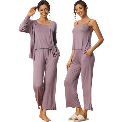 Unique Bargains Womens 3 Pcs Sleepwear Soft Solid Color Long Sleeve Tops  Cami and Pants Pajama Set