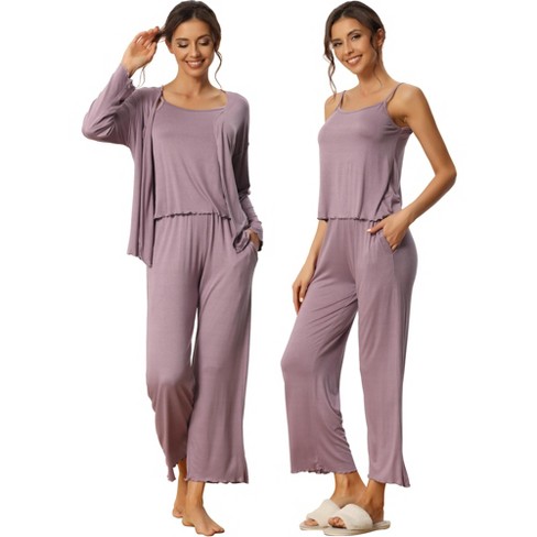 cheibear Womens Modal Knit Soft Long Sleeve Cardigan Cami and Pants Pajama  Set 3 Pcs Purple X-Large