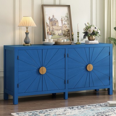 59.8"W Elegant Sideboard with Radiating Line Pattern Doors, 4-Door Ash Veneer Cabinet with Adjustable Shelves 4B - ModernLuxe