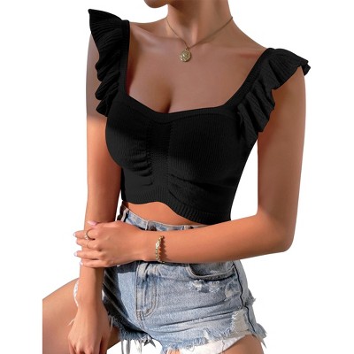 Womens Knit Tube Tops Cap Sleeve Sweet Heart Neckline Sweater Tops Ribbed Sweater Tops