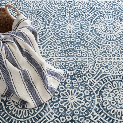 Handmade Blue and Ivory Wool Medallion Area Rug