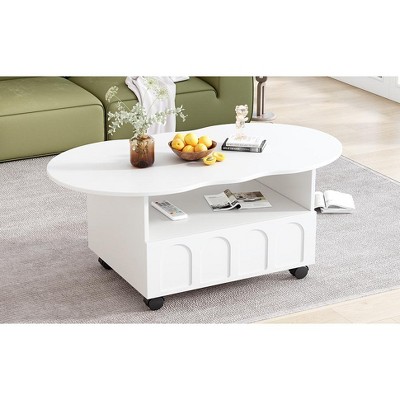 Wooakway Flexible Cream Style Coffee Table with 2 Brake Wheels, Cloud Top Side Table with Drawer