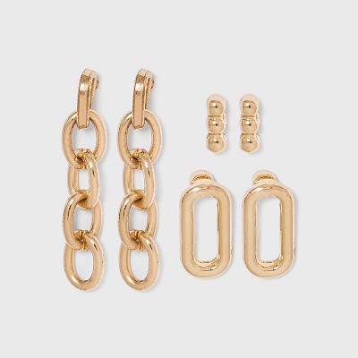 Chain Stud Earring Set 3pc - A New Day™ Gold