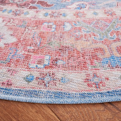 Round Blue and Rust Hand-Knotted Viscose Chenille Rug