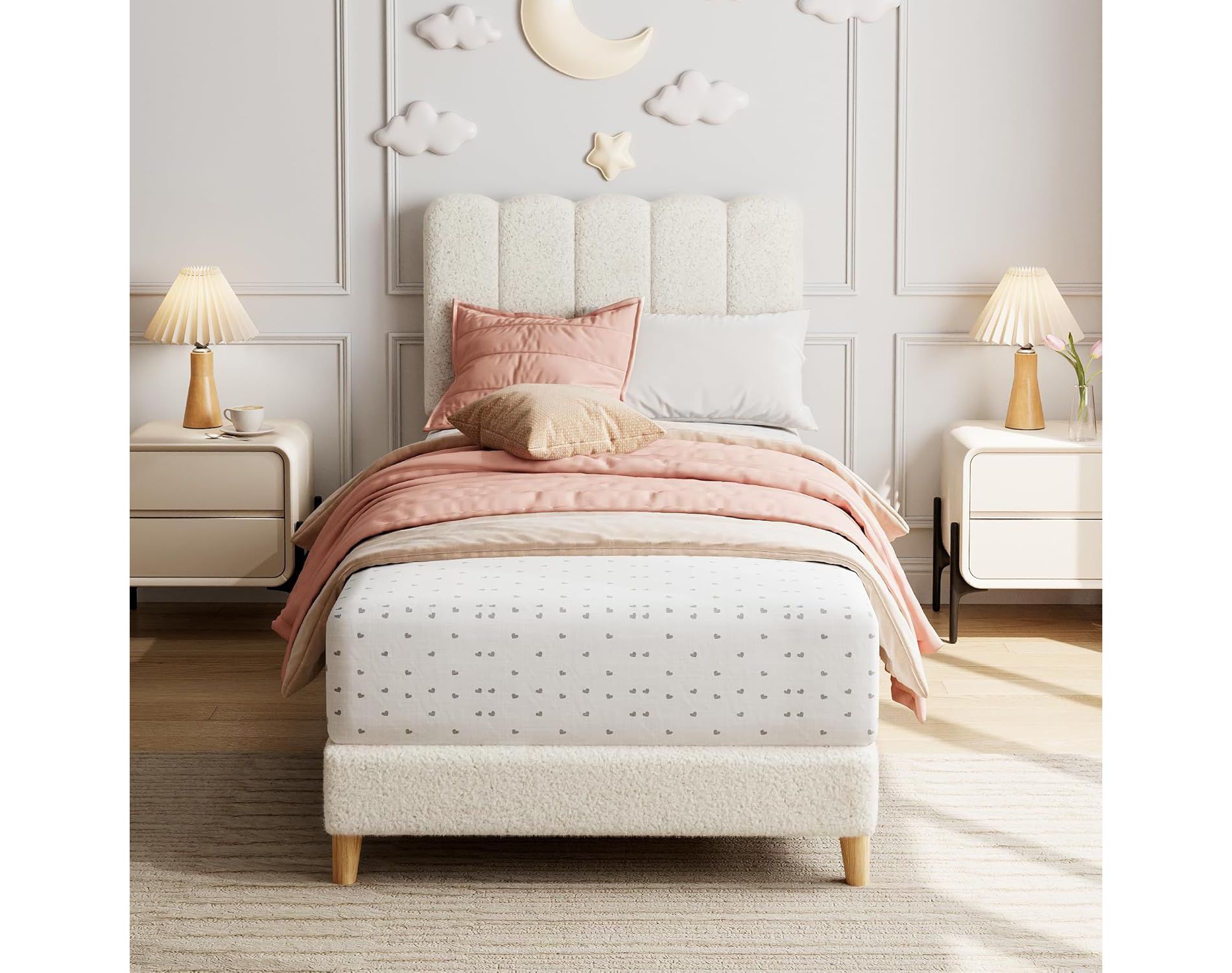 Acekool Twin Bed Frame, Velvet Upholstered Platform Bed with Wave Headboard for Girls/Kids, Easy Assembly, No Box Spring Needed, Pink