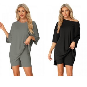 INSPIRE CHIC Women's 2 Pcs Knit Loungewear 3/4 Sleeve T-Shirt with Bike Shorts Pajama Set - 1 of 4