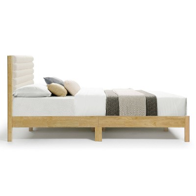 Natural Queen Platform Bed with Boucle Upholstered Headboard