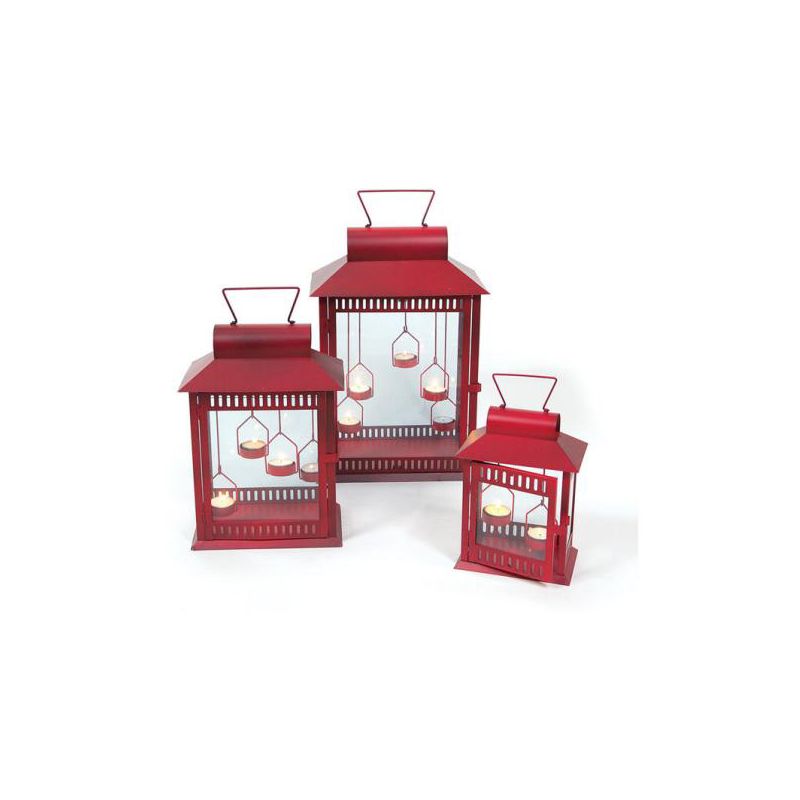 Melrose Set of 3 Red Indoor/Outdoor Tealight Candle Lanterns 17.75", 1 of 2