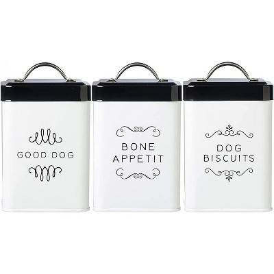 Amici Pet Treat Storage, Sparky Bone Appetit, Dog Biscuits, & Good Dog Metal Storage Canister, White & Black Push Top Lid, Set of 3,36 oz.
