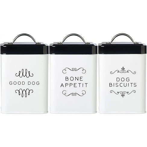 Amici Pet Treat Storage Sparky bone Appetit dog Biscuits good Dog Metal Storage Canister White Black Push Top Lid Set Of 3 36 Oz. Target