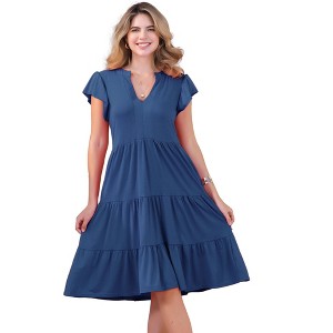 INSPIRE CHIC Women's Ruffle Short Sleeve V Neck Side Pockets Midi Dress - 1 of 4