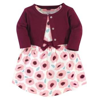 Touched by Nature Baby and Toddler Girl Organic Cotton Dress and Cardigan 2pc Set, Blush Blossom