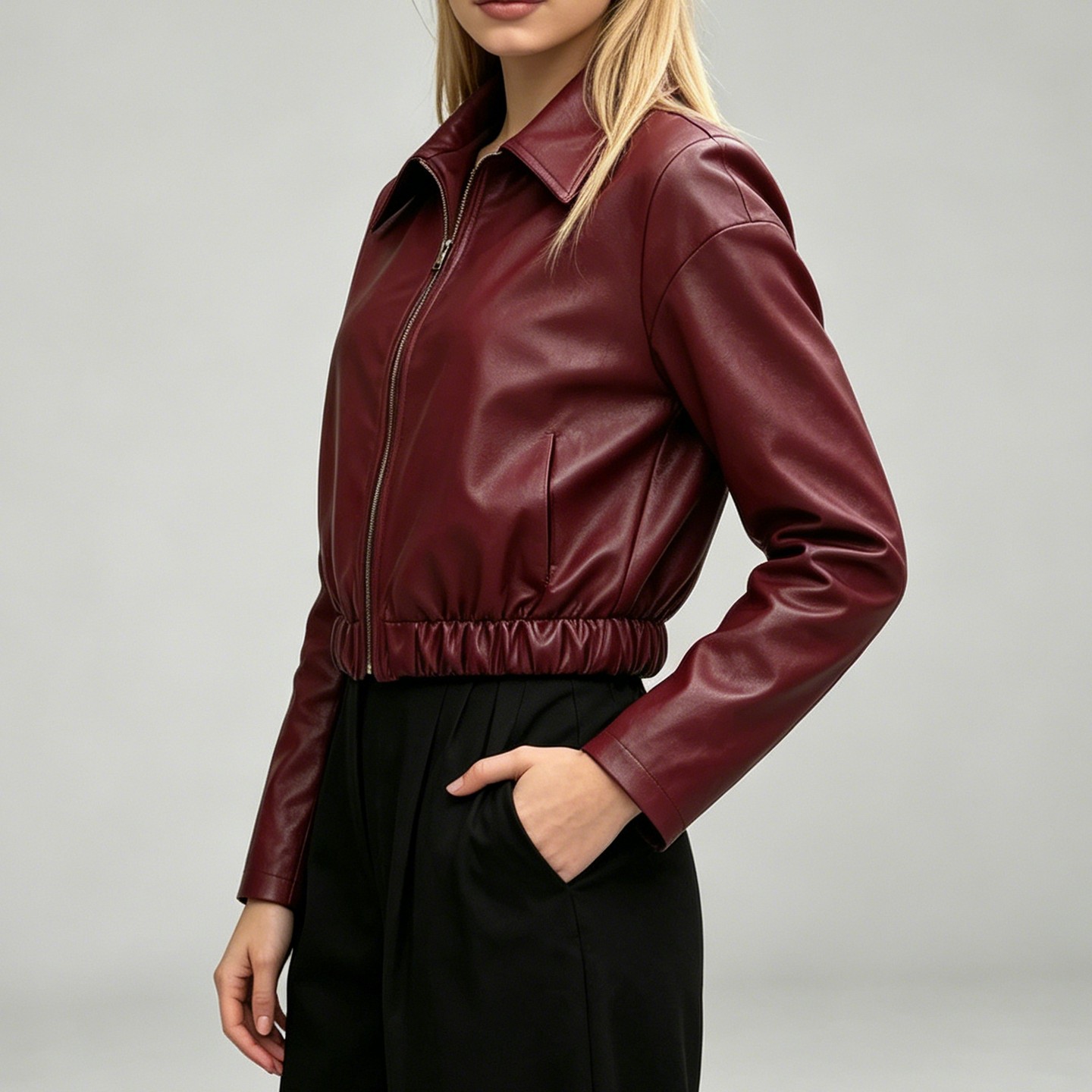 Женская куртка YesFashion Faux Leather Cropped Jacket, Lapel Zip Up Elastic Hem Long Sleeve Bomber Coat, Casual Loose Outerwear Red, цвет: Красный — фото 2