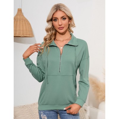 Womens Long Sleeve Zipper  Casual Pullover Tops Drawstring Quarter Zip Hoodie Shirts with Pockets Sweater