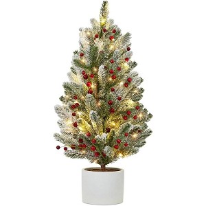 24 Inch Pre-lit Table Top Christmas Tree, Artificial Small Green Christmas Tree with Cement Basin - 1 of 4