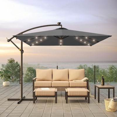 Sonkuki 8.2x8.2 FT Outdoor LED Solar Lighted Hanging Umbrella Patio Offset W/t Cross Fade-resistant, 360° Rotation
