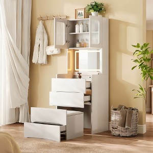 Okak 3-IN-1 Vanity Table with LED Mirror and Storage Stool, Girls Vanity with Flip Top Design, Compact Vanity for Living Room, Bedroom, White - 1 of 4