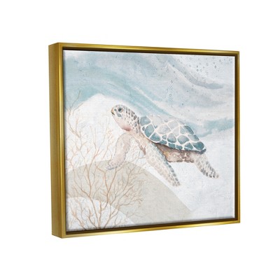 Pleasant Sea Turtle Drifting Ocean Waves Gold Framed Canvas Print