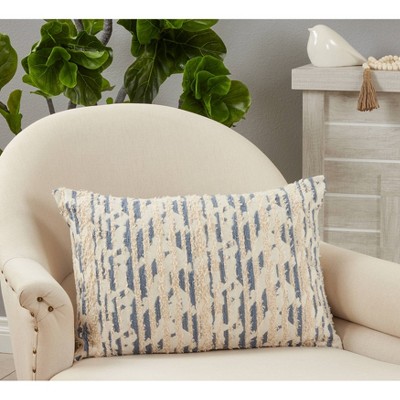 Blue and Beige Textured Cotton Lumbar Throw Pillow 16"x24"