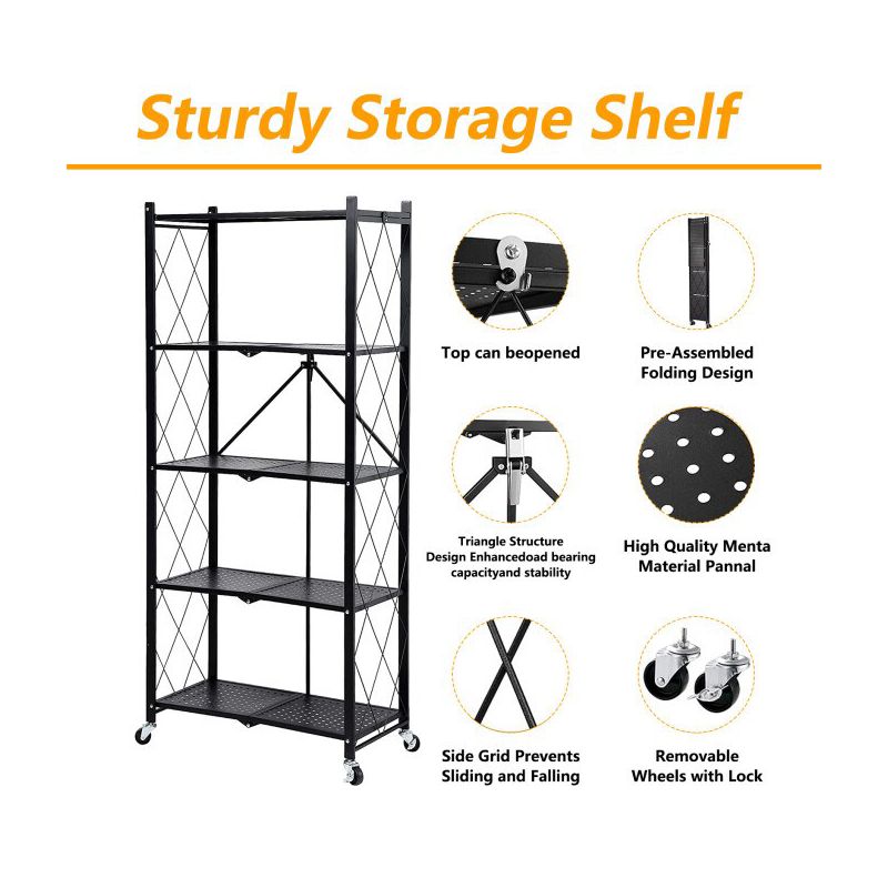 SUGIFT 5-Tier Storage Shelf Foldable Metal Shelving Units with Wheels, Black, 3 of 6