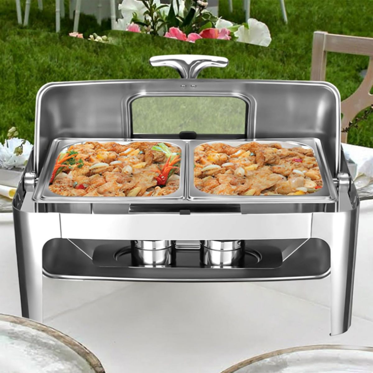Garvee 9QT Stainless Steel Chafing Dish – Roll Top Buffet Warmer with Viewing Lid, Full-Size Removable Pan – Ideal for Events, Weddings, Catering - thumbnail 7