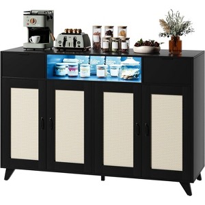47" Rattan Sideboard - 4 Doors & 2 Drawers w/LED Lights, Power Outlet, Adjustable Shelves - Wooden Accent Storage for Living Room, Dining Room - 1 of 4