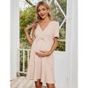 Womens Maternity Dress V Neck Ribbed Knit Short Sleeve Ruffle Dress Wrap Front Tie Dress for Pregnancy Baby Shower Photography - 3 of 4