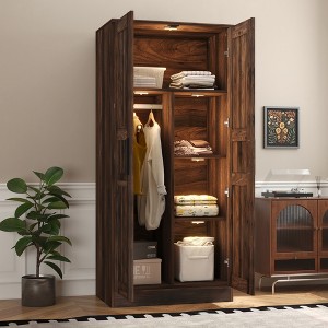 Whisen 2-Door Wooden Wardrobe Armoire with LED and 4 Storage Shelves - 1 of 4