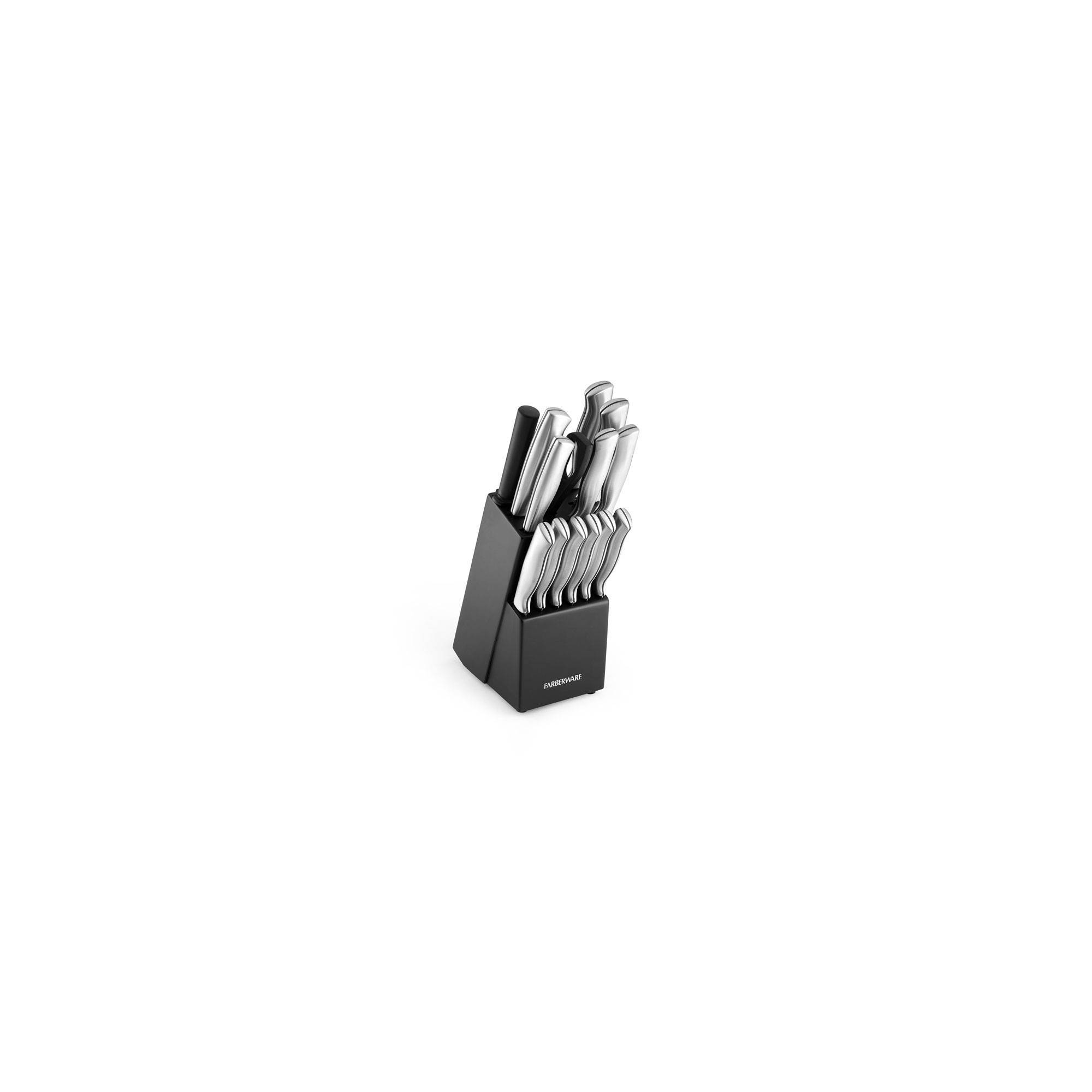 Farberware 15pc Stainless Steel Knife Block Set: Kitchen Knife Set with Block, Serrated Blades, Hand Wash, Silver