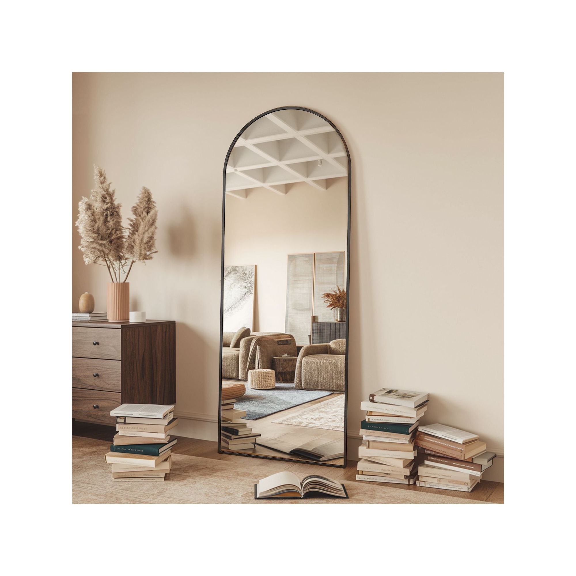 65"x22" Full Length Mirror, Wall Mirrors Hanging or Leaning Arched-Top Full Body Mirror with Stand for Bedroom, Dressing Room, Black