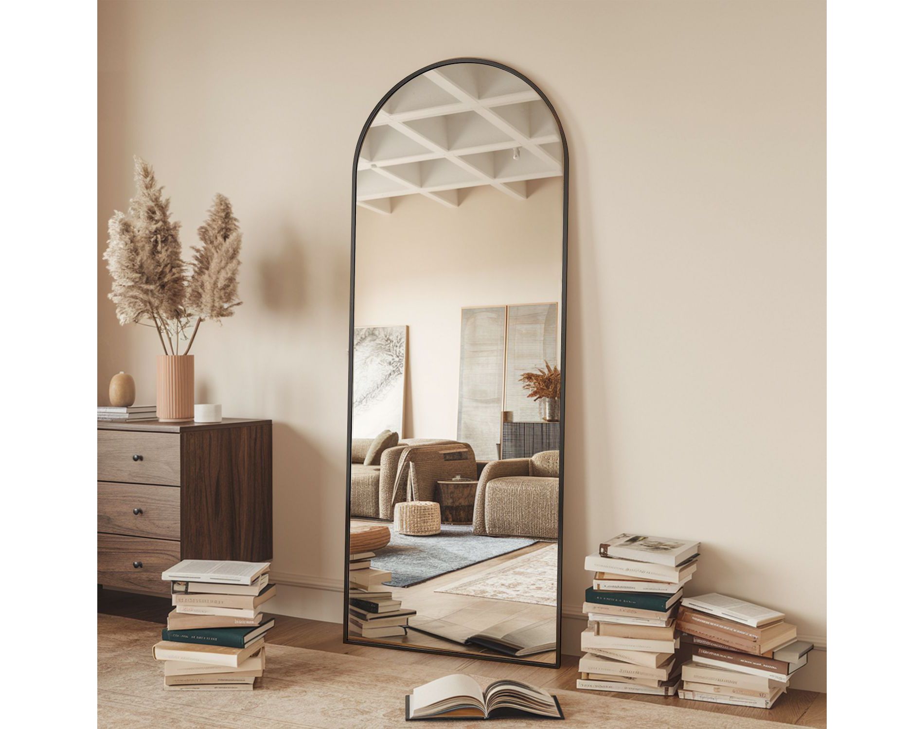 65"x22"  Full Length Mirror, Wall Mirrors Hanging or Leaning Arched-Top Full Body Mirror with Stand for Bedroom, Dressing Room, Black