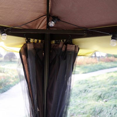 Coffee Brown Aluminum Outdoor Gazebo with Netting and Curtains