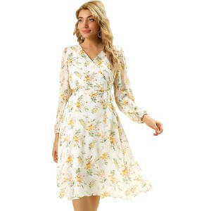 Allegra K Women's Boho Floral V Neck Tie Waist Long Sleeve Chiffon Wrap Midi Dress - 1 of 4