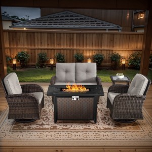 Belord 43" Propane Fire Pit Table Set Patio Furniture Set with Glider Loveseat, Brown Wicker Deep Seating Patio Swivel Rocker Glider Chairs - 1 of 4