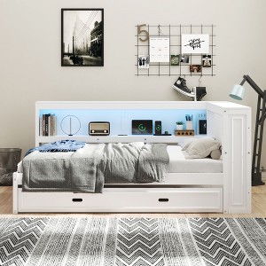 PAGED Twin Size Daybed Modern Wooden Bed Frame with Trundle, Storage Space and Sockets for Bedroom, Living Room - 1 of 4