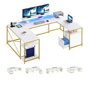 U Shaped Desk With Power Outlets & LED Lights Desk With Drawers Corner Computer Desk Office Desk With Monitor Stand & Storage Shelves - 1 of 4