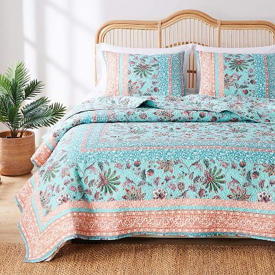 Turquoise and Coral King Cotton Polyester Quilted Pillow Sham