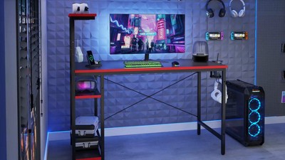 Bestier 61 Inch Black Grained Gaming Desk with Shelves