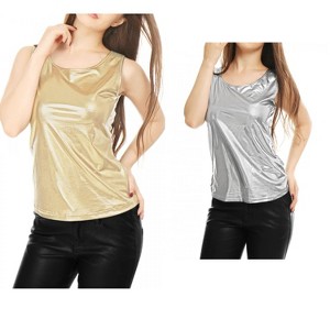 Allegra K Women's U-Neck Stretchy Slim Fit Shiny Sparkly Metallic Tank Top 2 Packs - 1 of 4