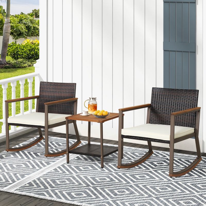 Costway 3 PCS Patio Rattan Rocking Chair Bistro Set Armrest Cushion Table with Storage Shelf Navy/Grey/Off White, 4 of 11