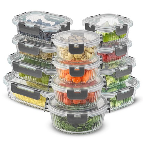 JoyJolt 24 Piece Fluted Glass Food Storage Containers with Leakproof Lids  Set - Gray