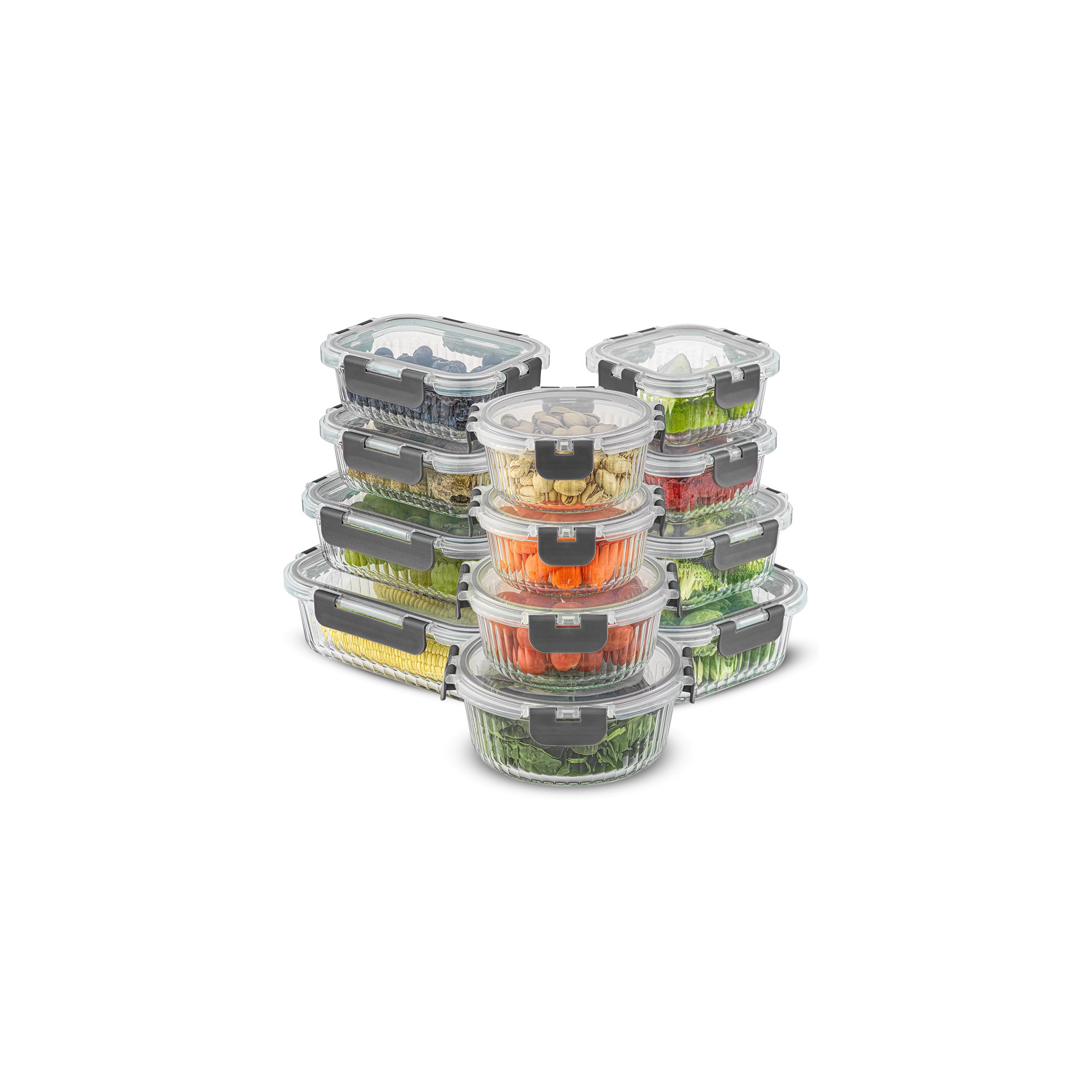 JoyJolt 24 Piece Fluted Glass Food Storage Containers with Leakproof Lids Set - Gray