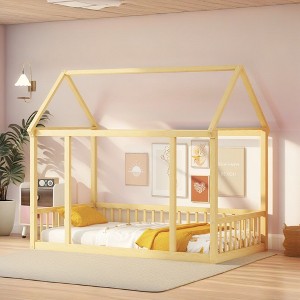 ROOMTEC Floor Wooden Bed with House Roof Frame - 1 of 4
