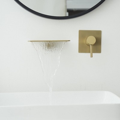 Brushed Gold Wall-Mount Single-Handle Bathroom Faucet with Shelf
