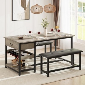 Dining Table Set for 4 with Storage Drawers & Wine Rack, Kitchen Table Set with Upholstered Benches for Dining Room, Kitchen - 1 of 4