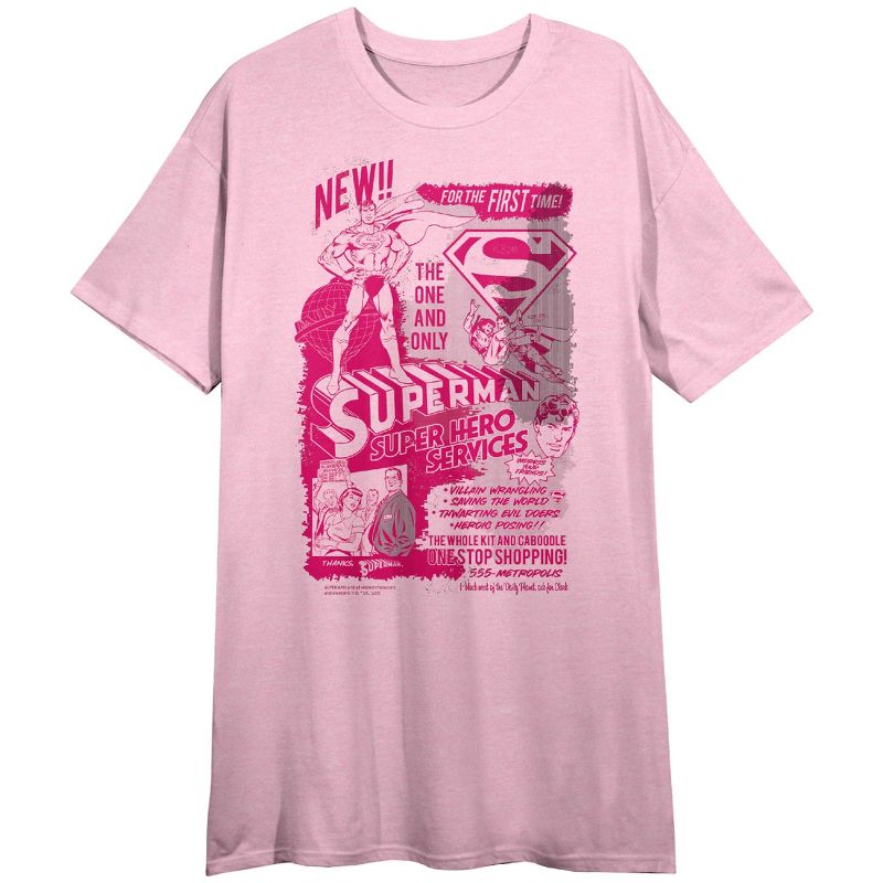 Superman "Hero Services" Women's Pink Short Sleeve Crew Neck Sleep Shirt, 1 of 3