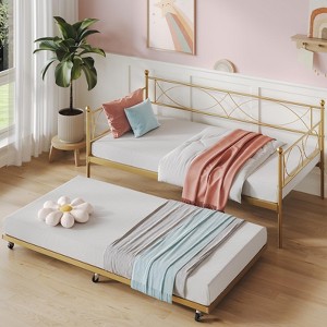Twin daybed with Trundle, Metal Twin Daybed and Trundle Set, Day Bed Sofa Bed Frame with Steel Slat Support - 1 of 4